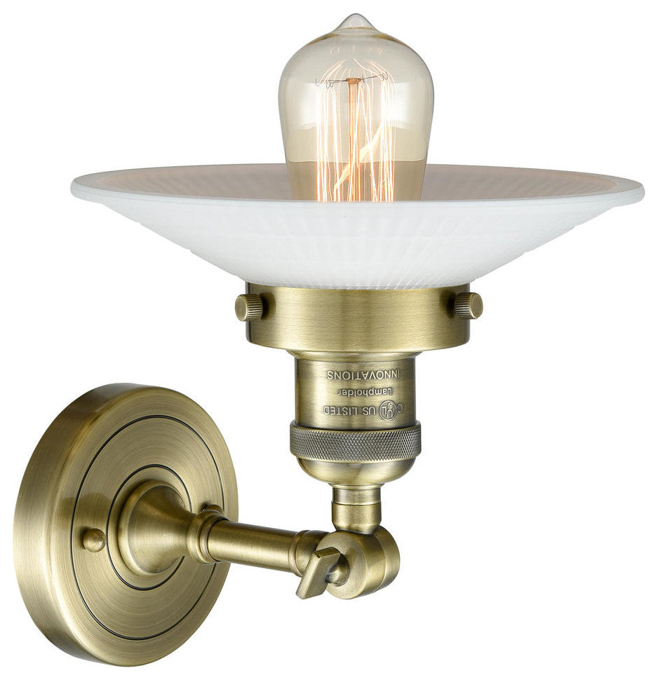 Halophane 1-Light Sconce, Antique Brass, Matte White Halophane