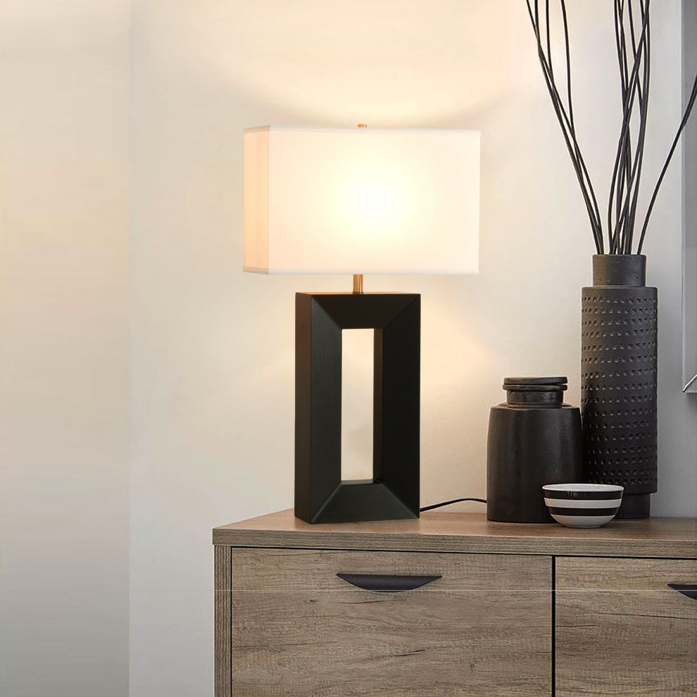 Julie Standing Table Lamp, White Linen Shade, Ebony/Weathered Brass