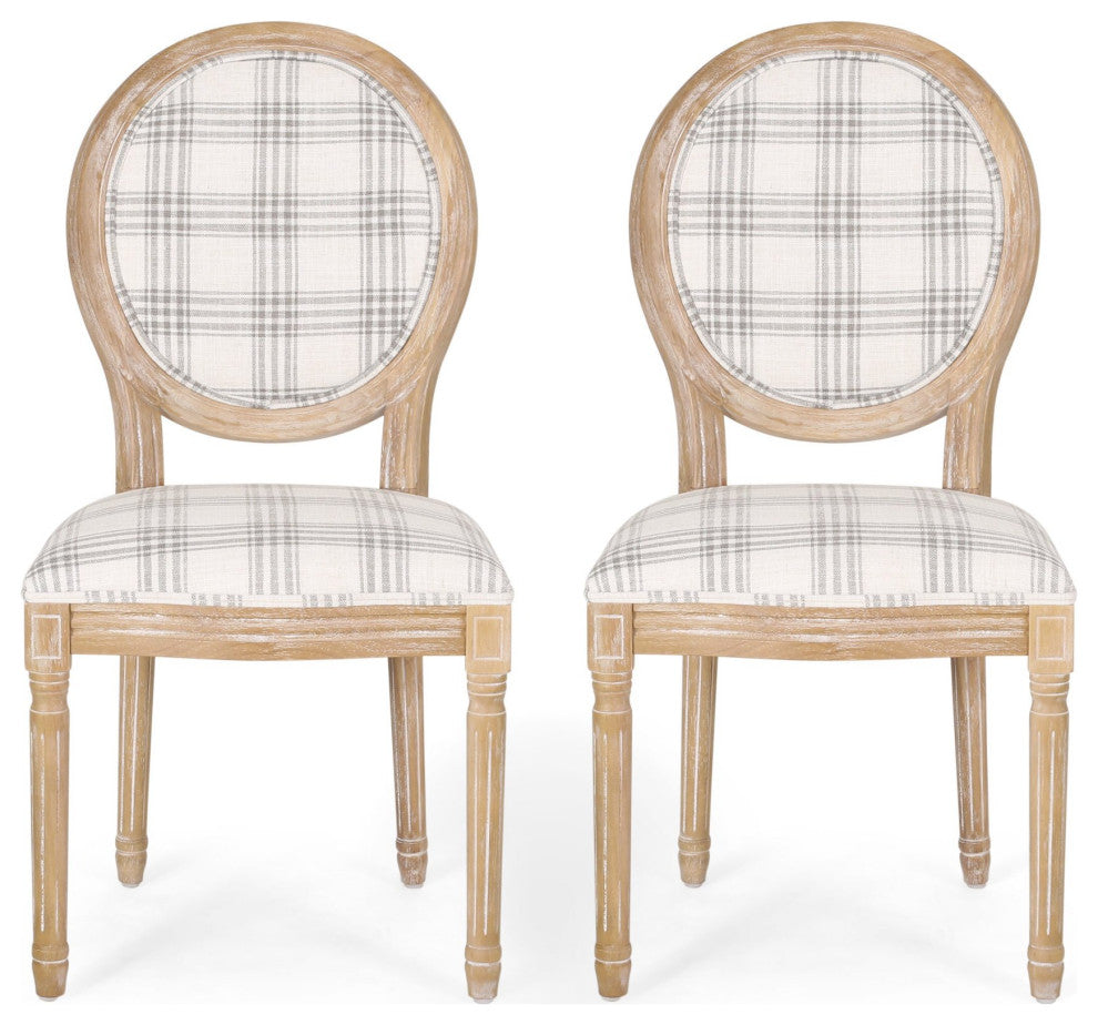Set of 2 Dining Chair, Wood Frame With Padded Seat & Oval Back, Dark Blue Plaid