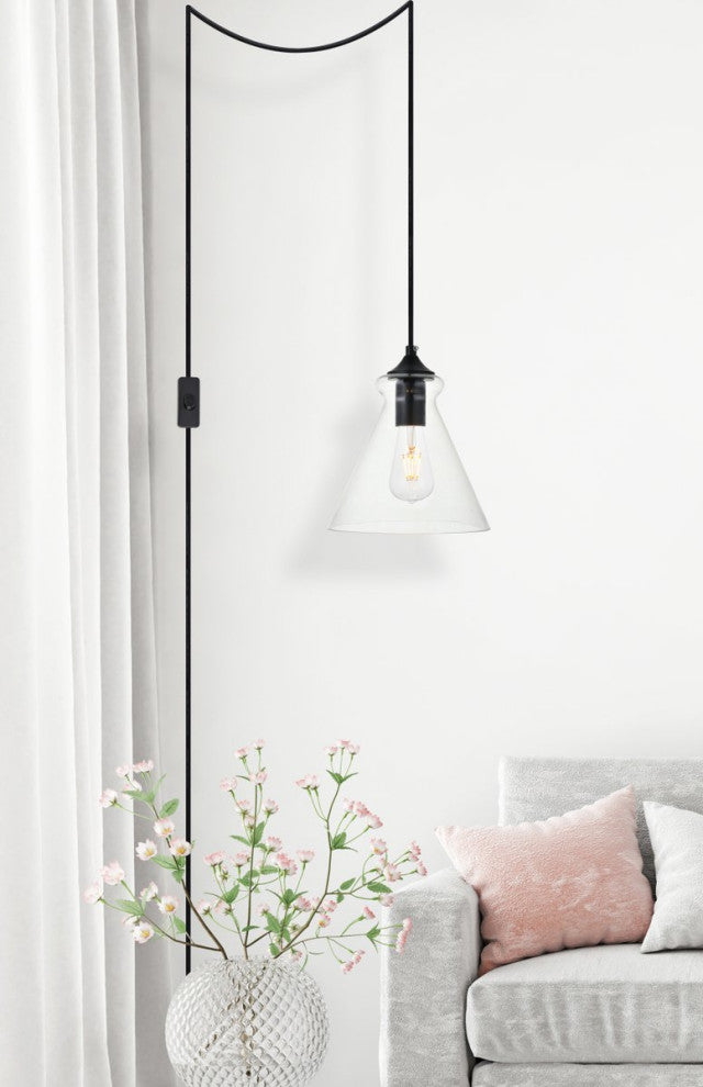 Dakota 1-Light Black Plug-In Pendant With Clear Glass