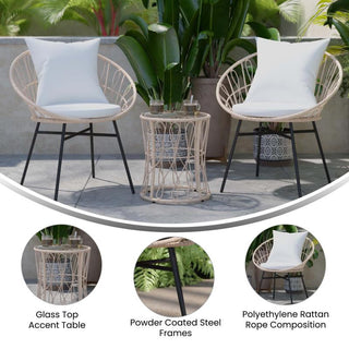 Devon 3-Piece Bistro Set, 2 Papasan Chairs w/Cushions, Glass Top Side Table, Tan