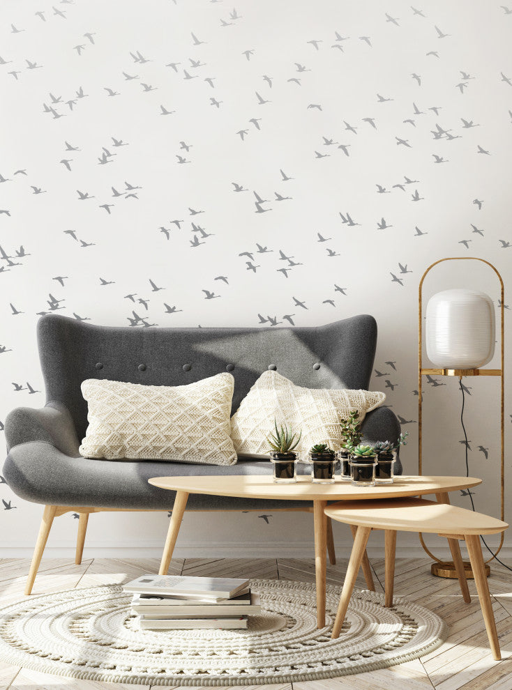 Soaring Birds Peel and Stick Vinyl Mural, Grey, 24"w X 96"h, Single
