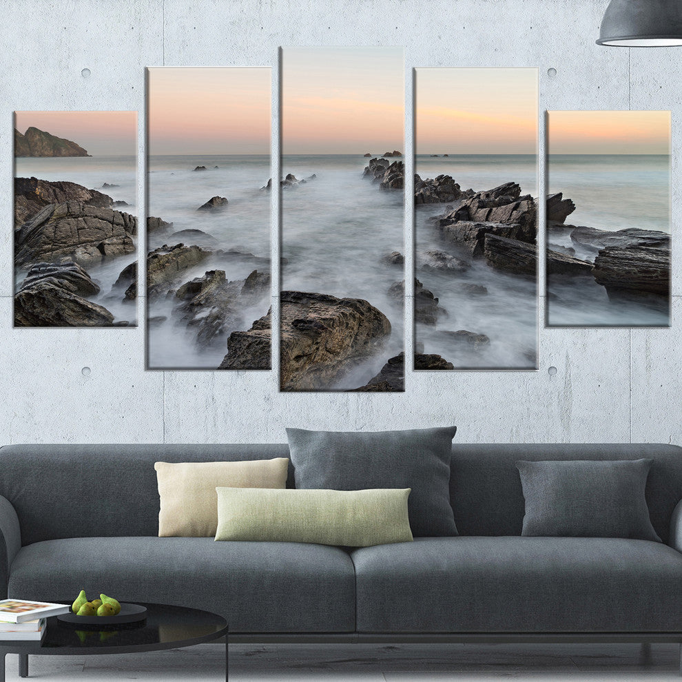 "Rocky Beach With White Waters" Modern Seashore Canvas Art, 5 Panels, 60"x32"