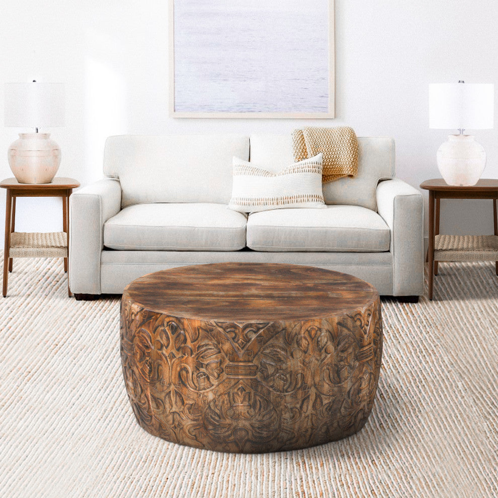 Rea 34" Coffee Table Mango Wood Round Drum Carved Damask Walnut Brown