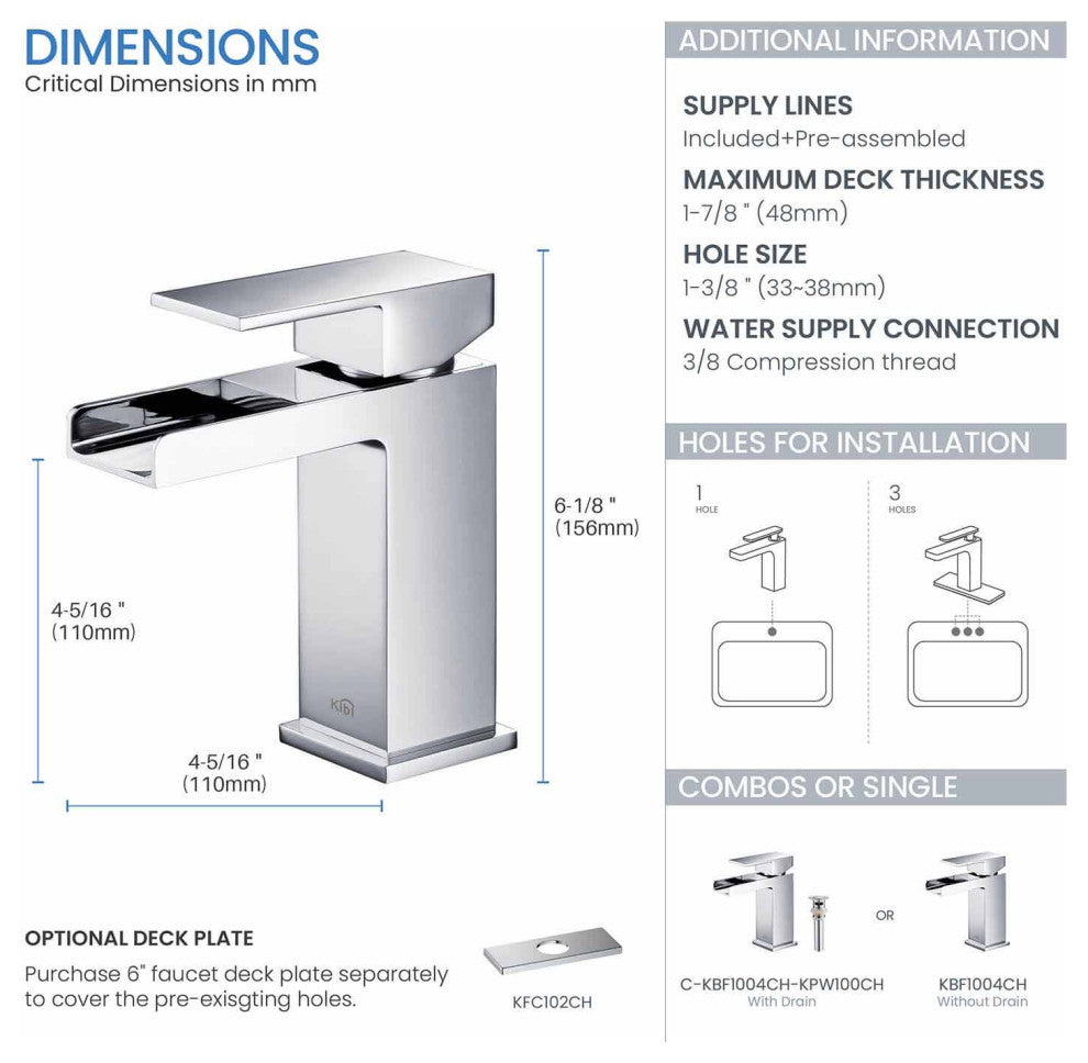 Waterfall Single Handle Bathroom Faucet KBF1004, Chrome, W/ Drain
