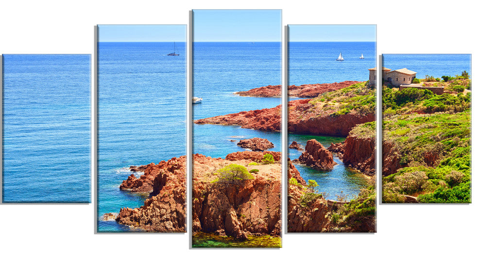 Esterel Rocks Beach Coast, Landscape Canvas Art Print, 60"x32", 5 Panels