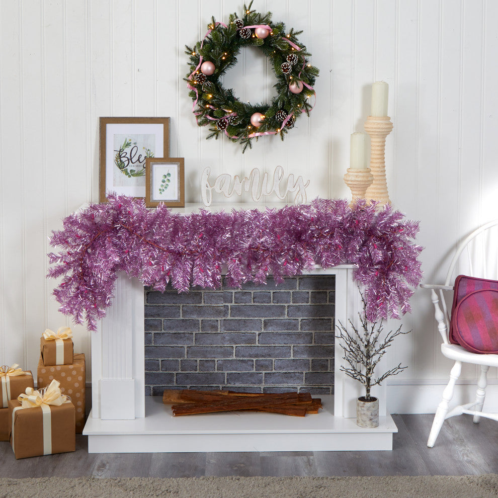 6' Pink Artificial Christmas Garland With 50 White Warm Lights