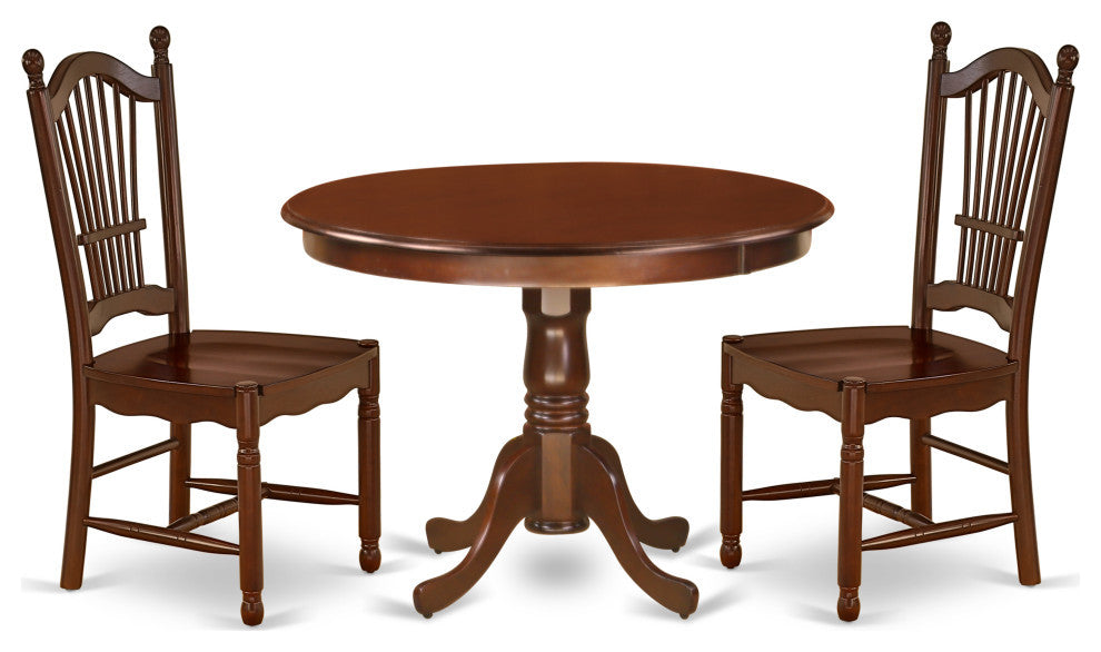 3Pc Round 42"Dining Table And 2 Wood Seat Dining Chairs