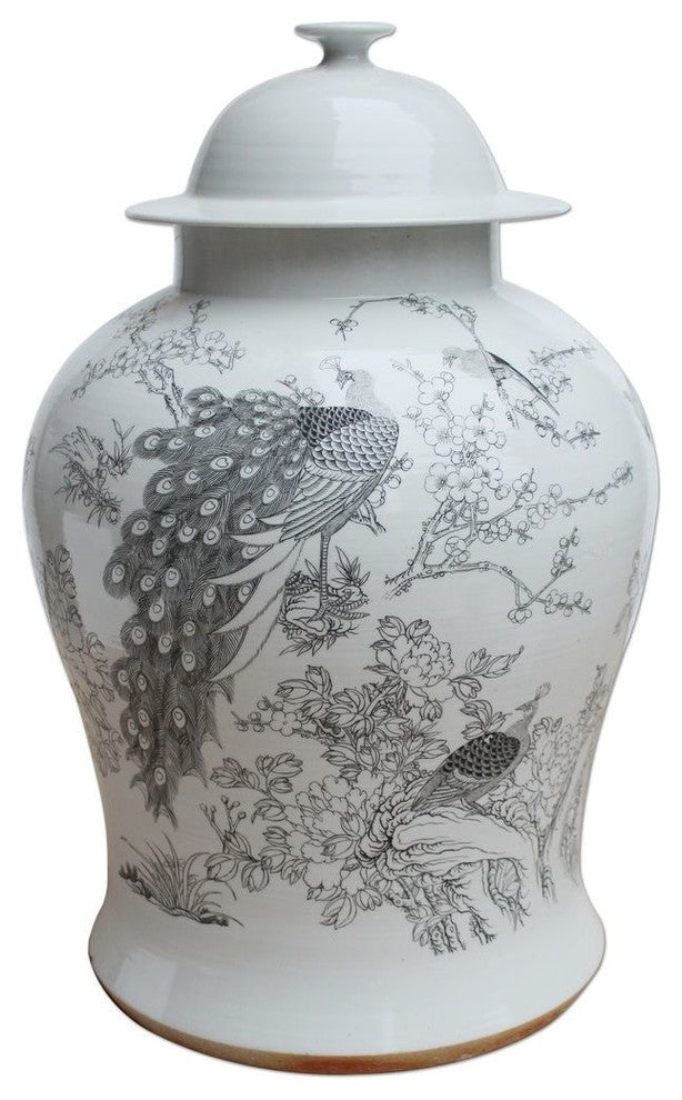 Black and White Porcelain Floral Peacock Motif Temple Jar, 16"