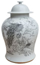 Black and White Porcelain Floral Peacock Motif Temple Jar, 16"
