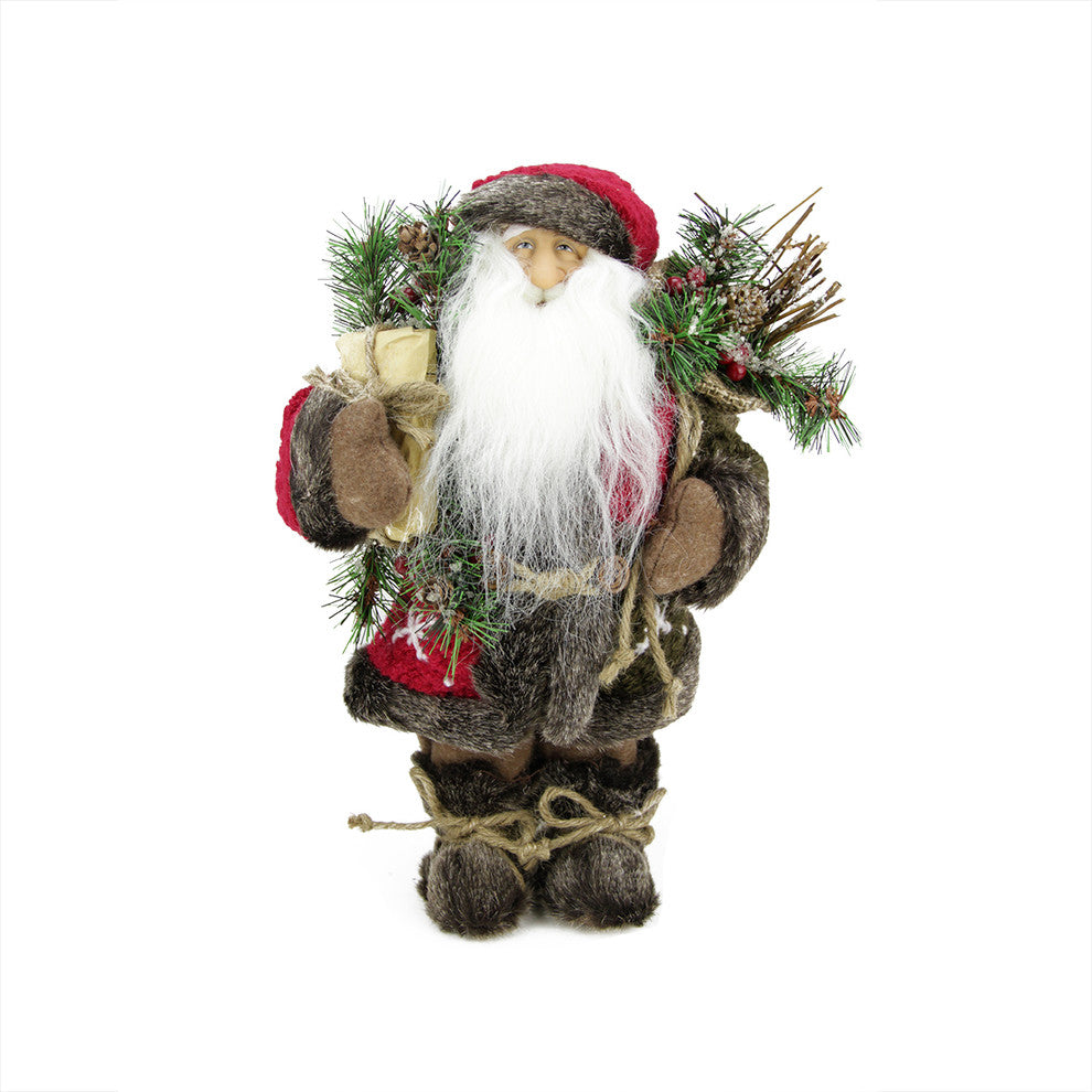 12" Standing Country Santa Holding Gift Spruce Bough and Sack