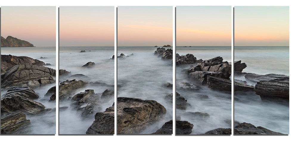 "Rocky Beach With White Waters" Modern Seashore Canvas Art, 5 Panels, 60"x28"