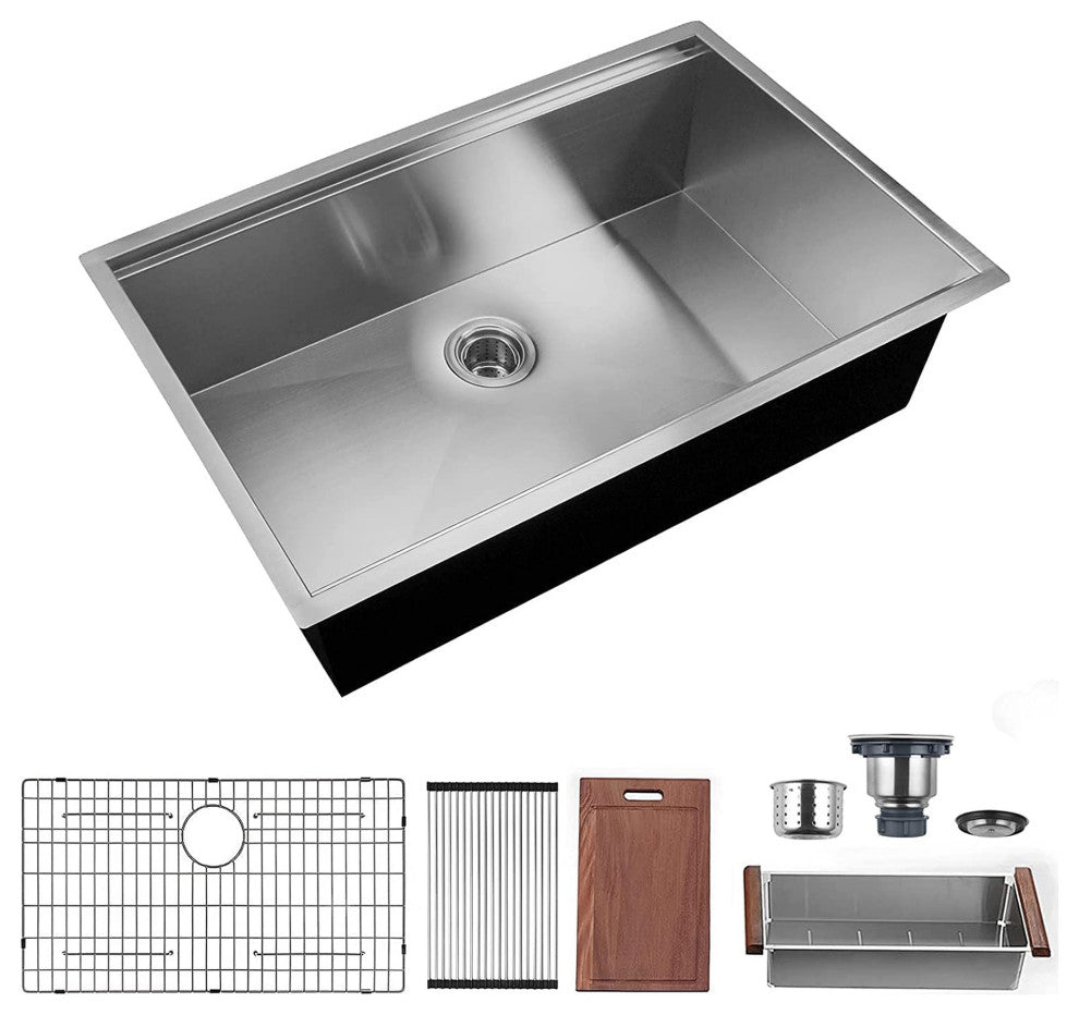 Undermount Single Bowl Stainless Steel Kitchen Sink, Brushed Chrome, 32 X 18