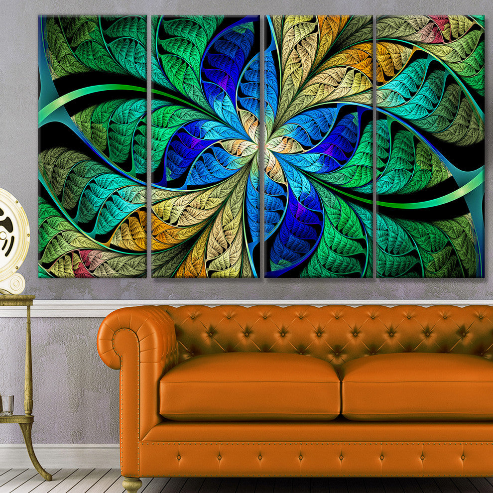 Blue Green Fractal Flower Petals, Abstract Canvas Art Print, 48"x28", 4 Panels