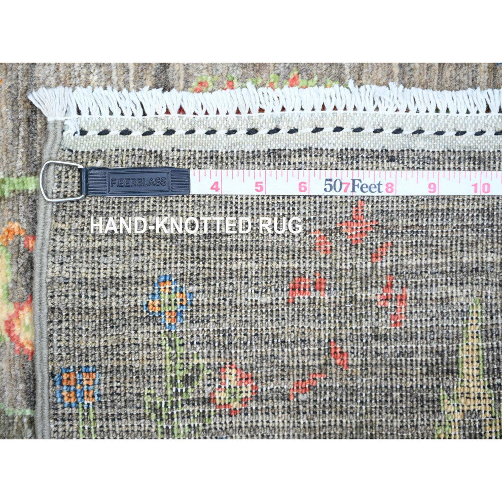 Echo Gray Wool Hand Knotted Folk Art Willow Cypress Tree Design Rug  2'5"x11'2"