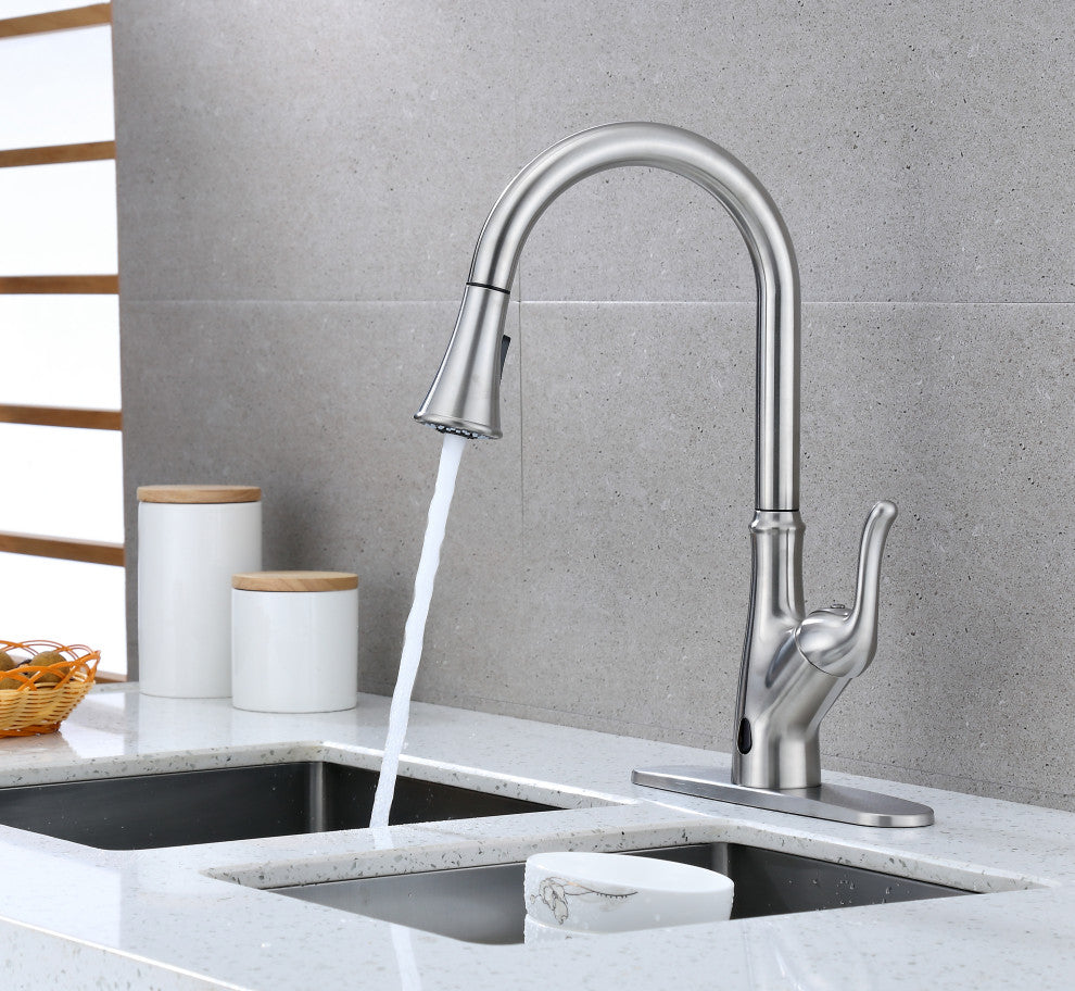 Runfine Hands Free Single-Handle Pull down Sprayer Kitchen Faucet, Brushed Nicke