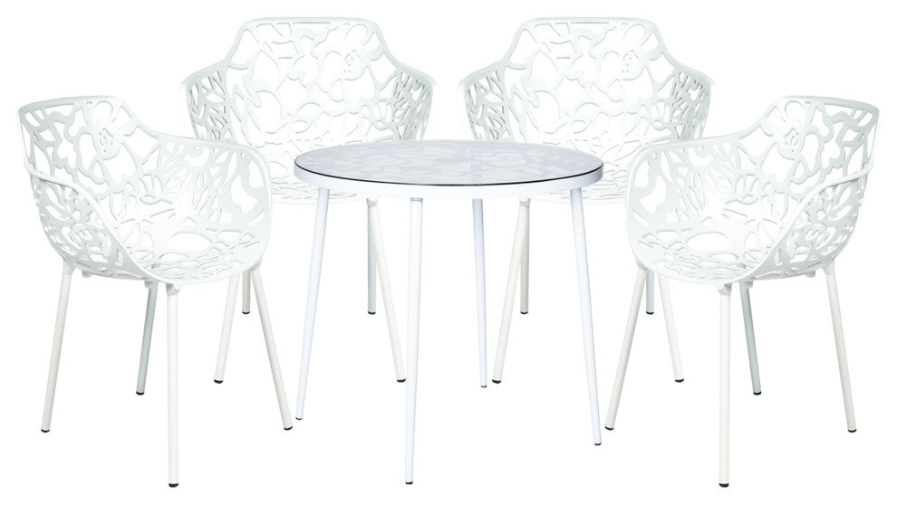 Leisuremod Devon 5-Piece Aluminum Dining Set With Table and 4 Armchairs, White