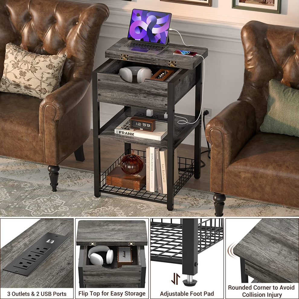Modern End Table with Charging Station and Flip Top Storage Shelves