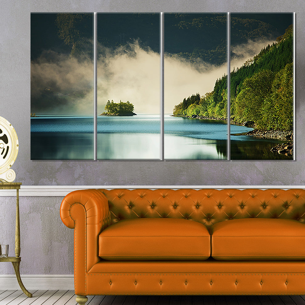 Beautiful Lake By Green Mountains, Landscape Canvas Art, 48"x28", 4 Panels