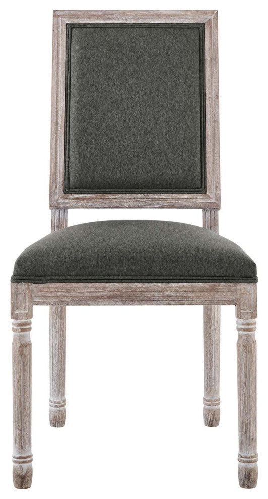 French Vintage Side Dining Chair, Fabric, Wood, Brown Natural Gray, Modern
