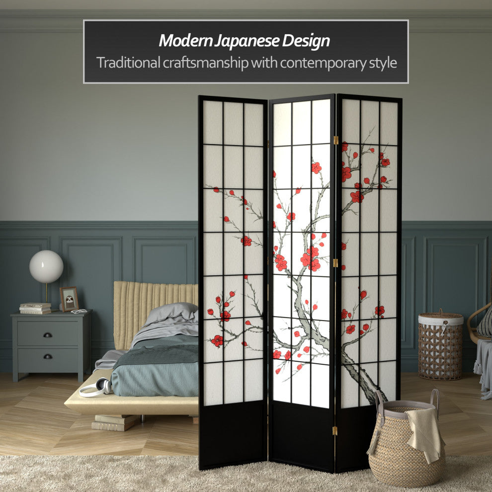 7' Tall Cherry Blossom Shoji Screen, Black, 3 Panels