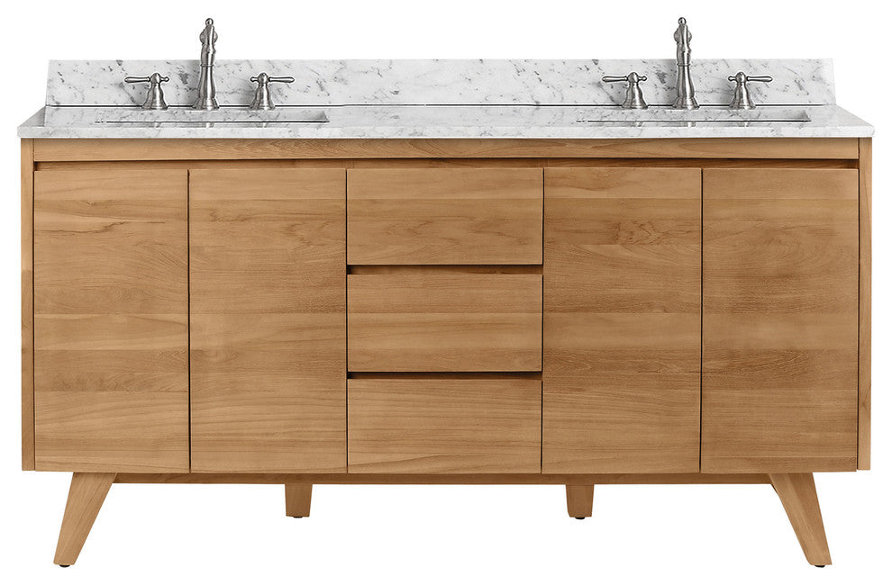 Avanity Coventry 61" Bath Vanity Combo, Natural Teak Finish, Carrara White Marble Top