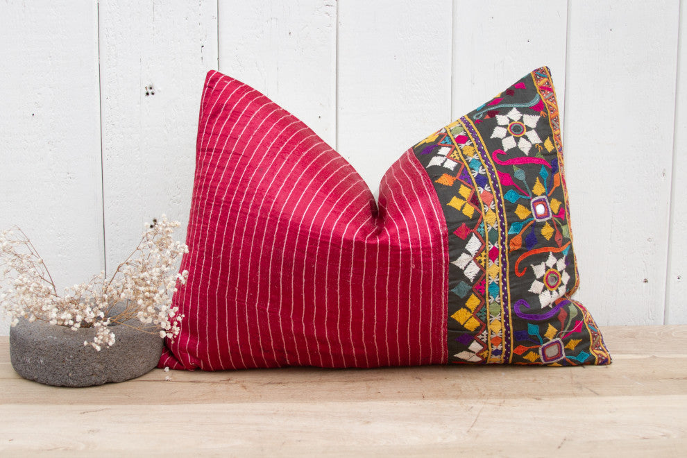 Pair of Floral Antique Mashru Tribal Lumbar Pillows
