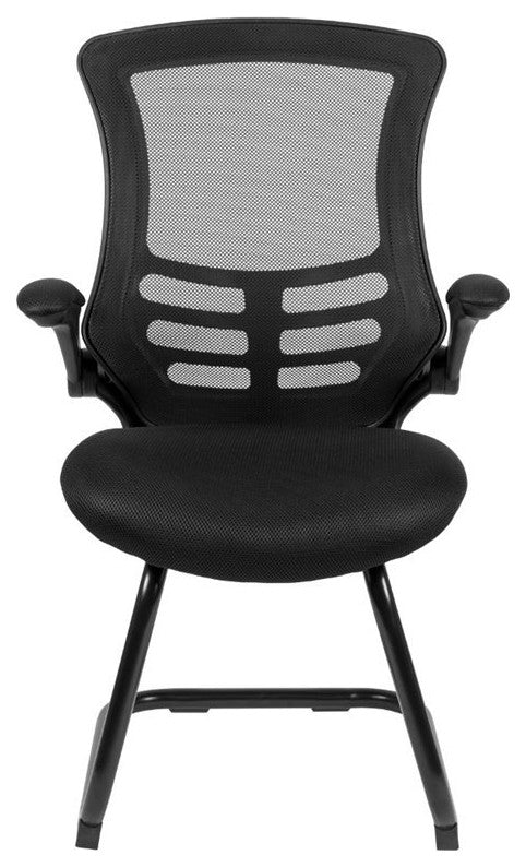 Black Mesh Sled Base Side Reception Chair with Flip-Up Arms