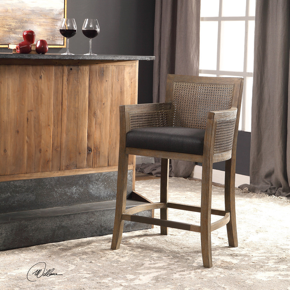 Exposed Bleached Wood Natural Finish Bar Counter Stool, Cane Back Sides Coastal