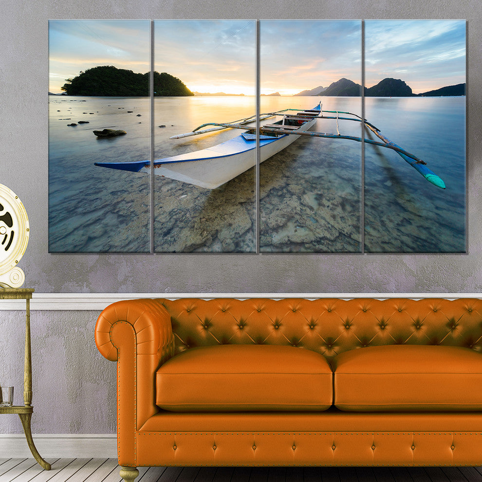 Boat Docked at Beautiful Sunset, Seashore Canvas Print, 48"x28", 4 Panels