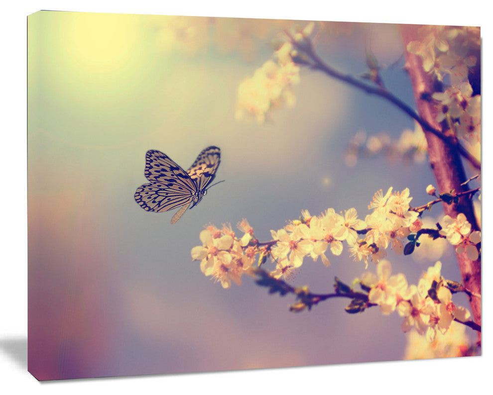 Vintage Butterfly with Flowers, Large Floral Canvas Art Print, 40"x30"