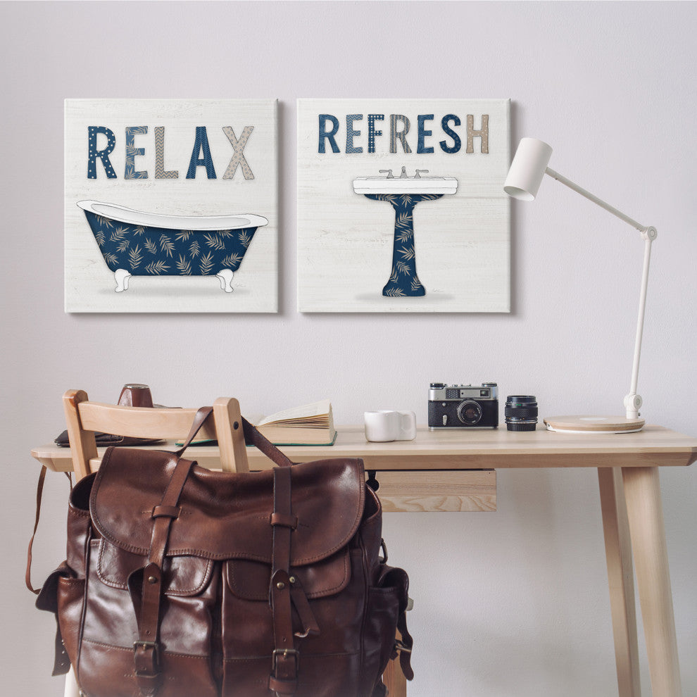 Relax Refresh Bathroom Phrases Blue Palm Pattern Text,24 x 24