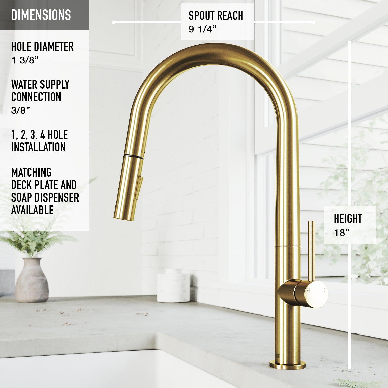 VIGO Greenwich 18" H Single Handle Pull-Down Sprayer Kitchen Faucet, Matte Brushed Gold, No Sensor, Without Extras