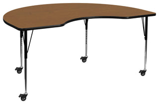 Mobile 48"x72" Kidney Oak Thermal Laminate Activity Table, AdjustableLegs