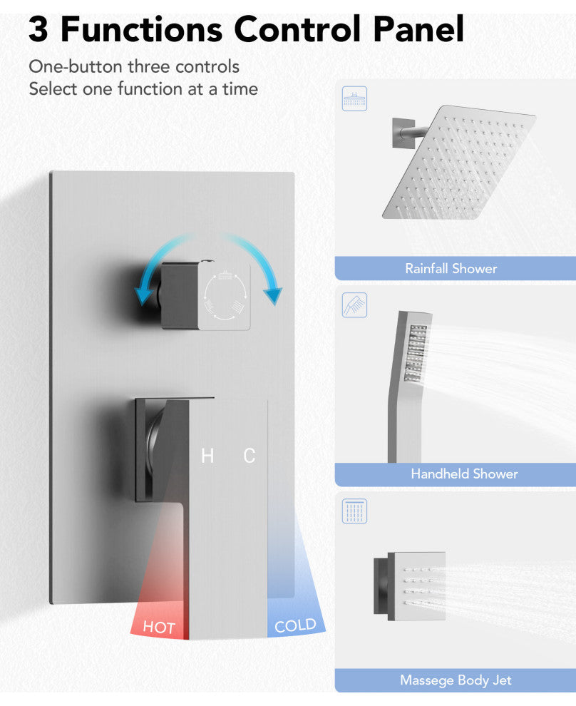 3-Function Shower Faucet System with Pressure Balance Valve, Brushed Nickel