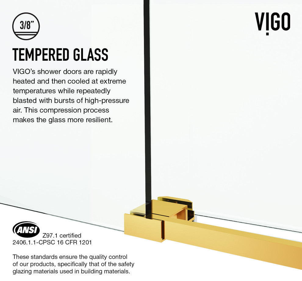 VIGO Elan Cass Aerodynamic 68" to 72" W x 76" H Frameless Sliding Shower Door, Matte Brushed Gold, Clear Glass
