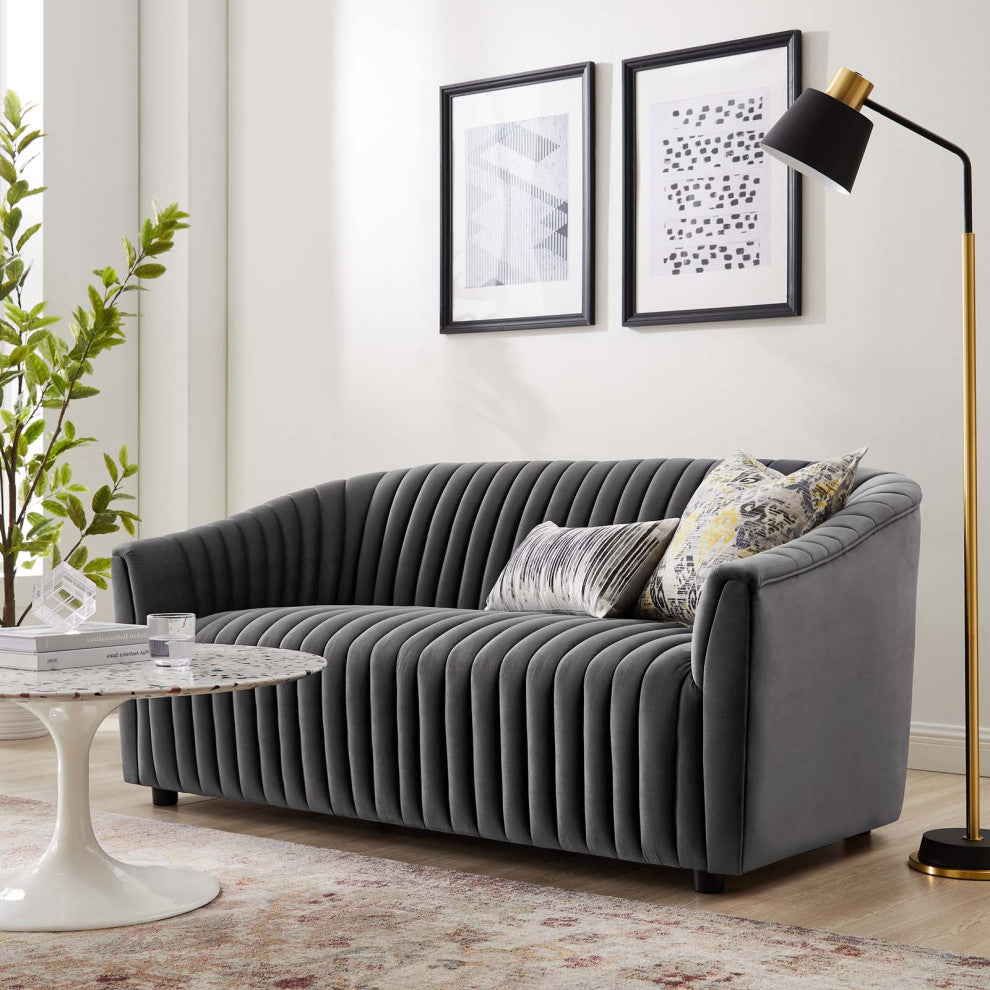 Tufted Loveseat Sofa, Charcoal Gray, Velvet, Modern, Mid Century Lounge