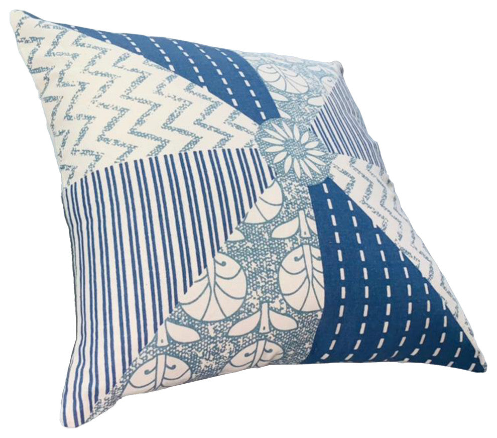Benzara UPT-268970 Accent Pillow, Geometric Pattern, Cotton Cover, Blue/White