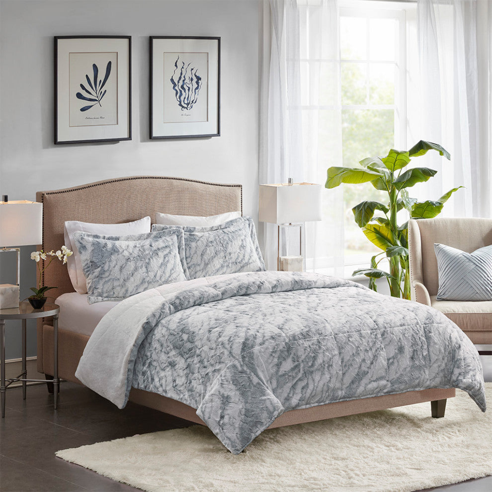 Madison Park Lana Long Faux Fur Marble Grey Comforter Mini Set, King