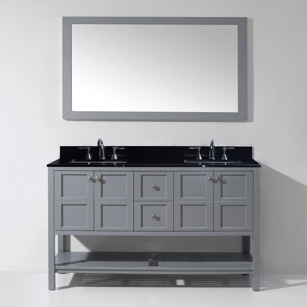 Virtu Winterfell 60" Double Bathroom Vanity, Gray , Black Granite Top, Mirror