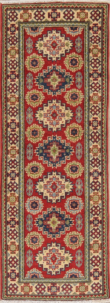 Pakistani Traditional Hand-Knotted Kazak Oriental Runner Rug, Red, 5'11"X2'2"