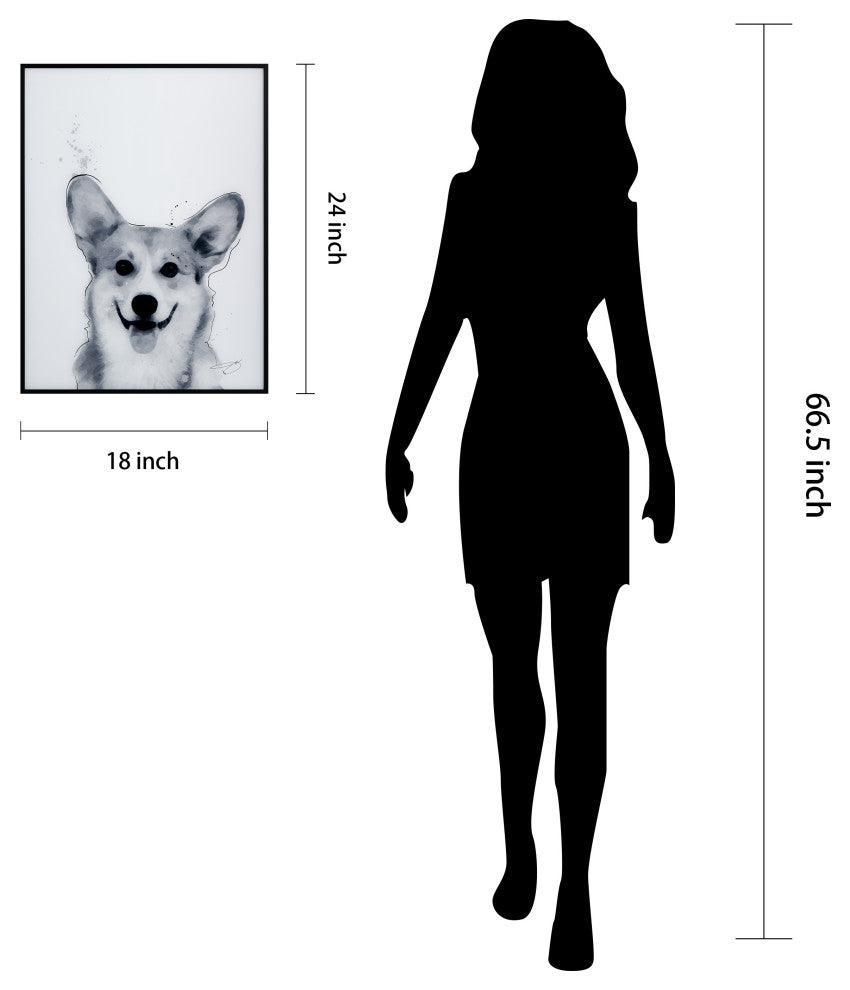 "Corgi" Black and White Pet Art on Printed Glass with Gunmetal Anodized Frame