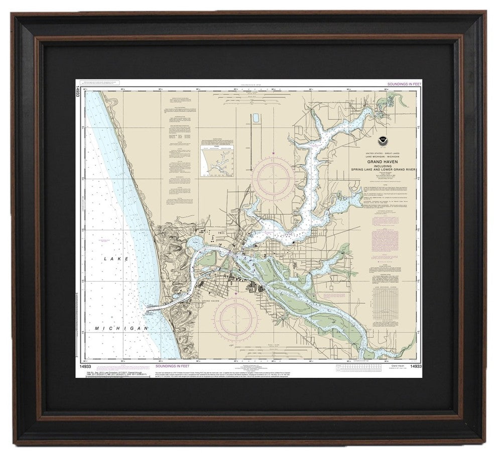 Framed Nautical Chart, Grand Haven, Lake Michigan, 24x20