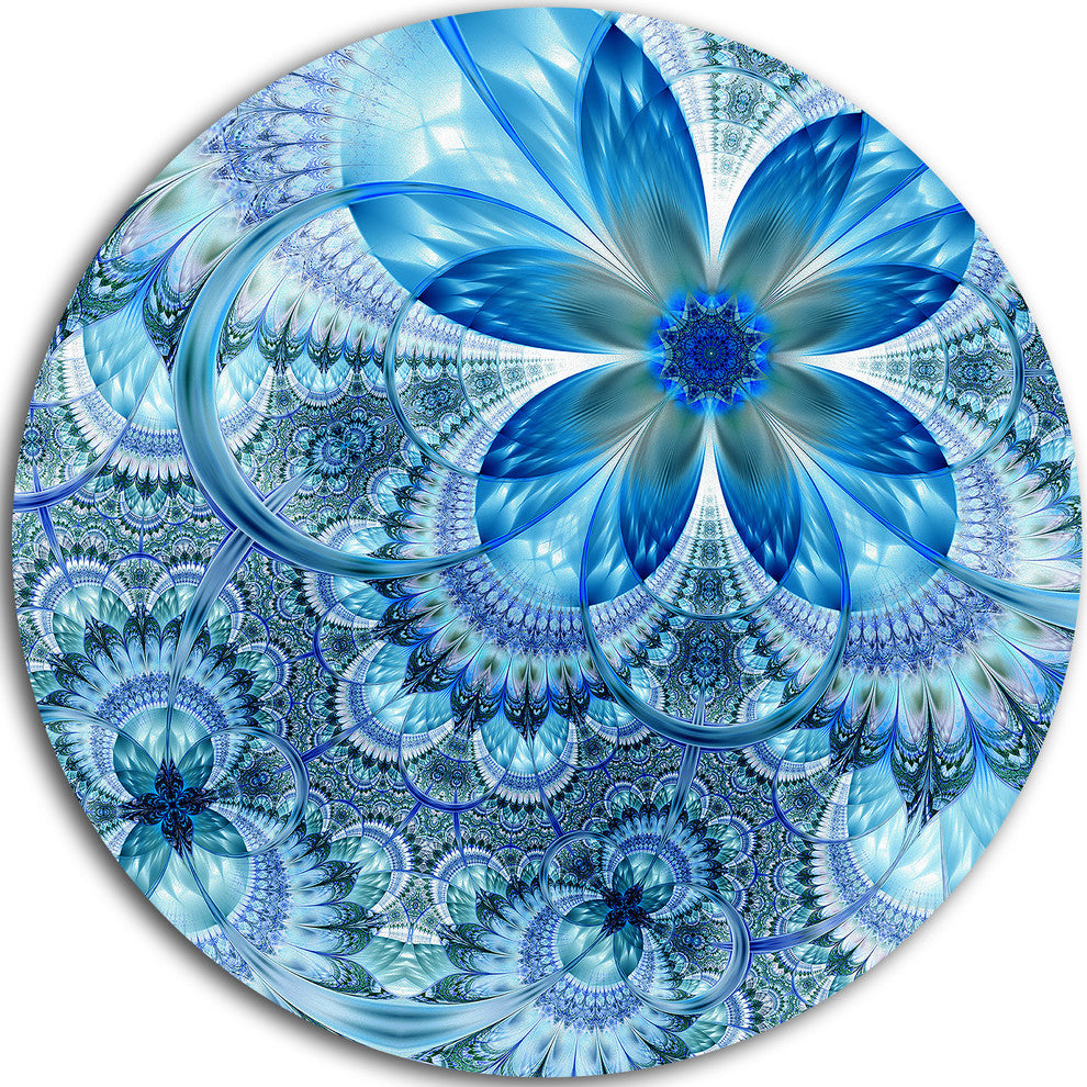 Blue Fractal Flower Pattern Design, Floral Round Wall Art, 36"