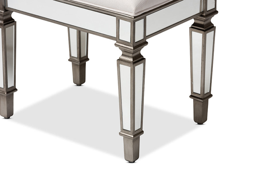 Keswick Off White Fabric Mirrored Ottoman Vanity Bench