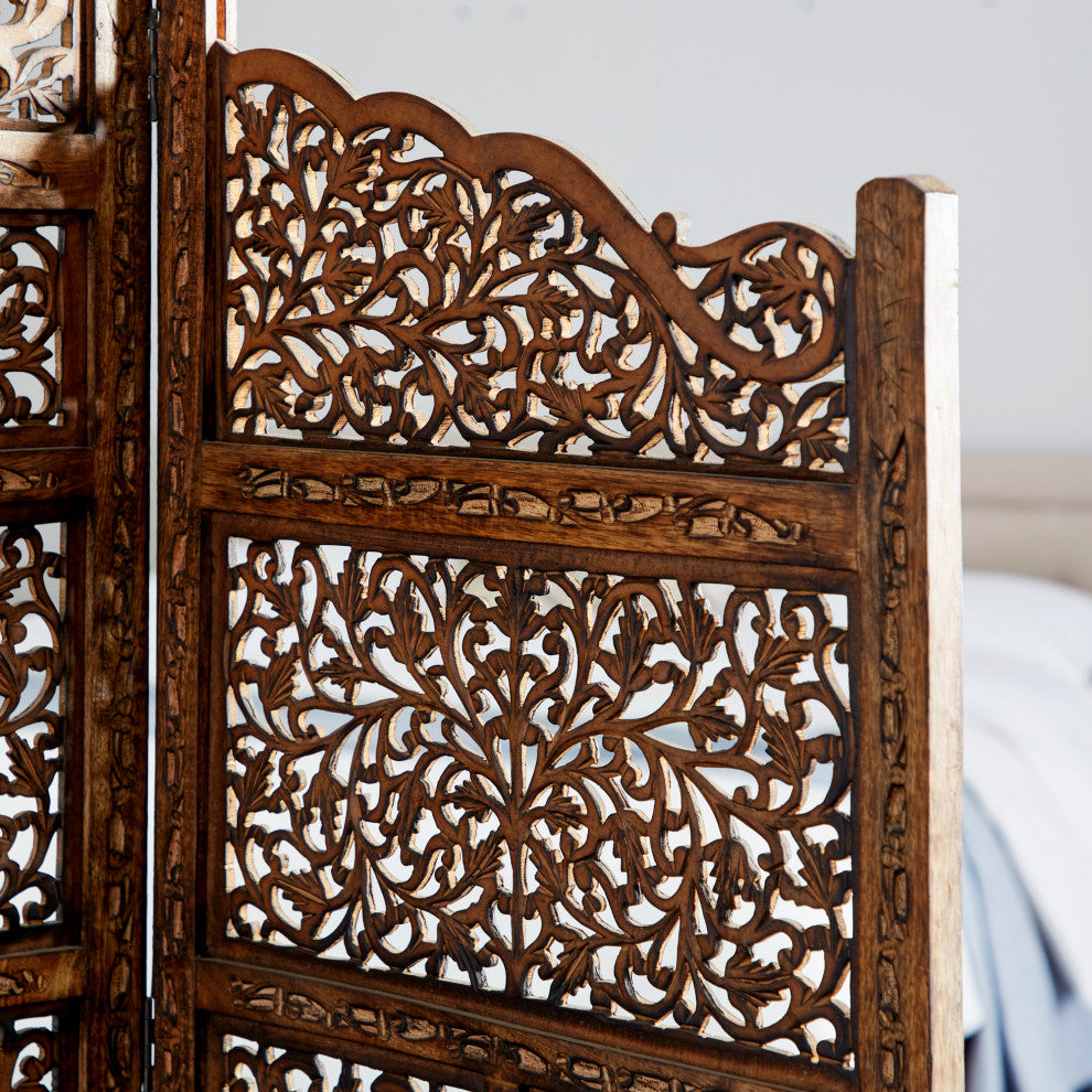 Benzara BM01875 Villa Este Wood Room Divider 4 Panels Carved Screen