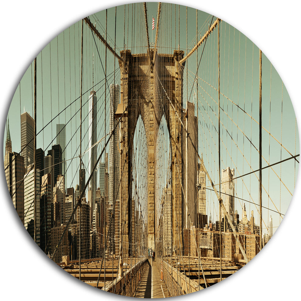 Manhattan Bridge In New York Brown, Cityscape Round Metal Wall Art, 23"