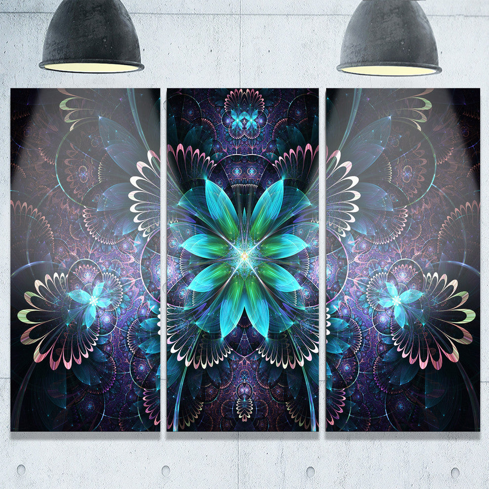"Fractal Flower Blue Digital Art" Metal Wall Art, 3 Panels, 36"x28"