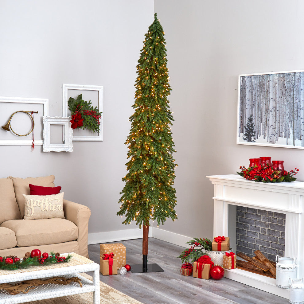 9' Grand Alpine Faux Xmas Tree W/600 Lights & Bendable Branches W/Natural Trunk