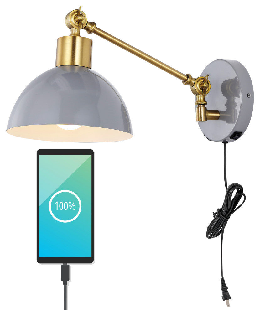 Lisa Swing Arm 1-Light Modern Midcentury Iron USB Charging Port LED Sconce, Gray